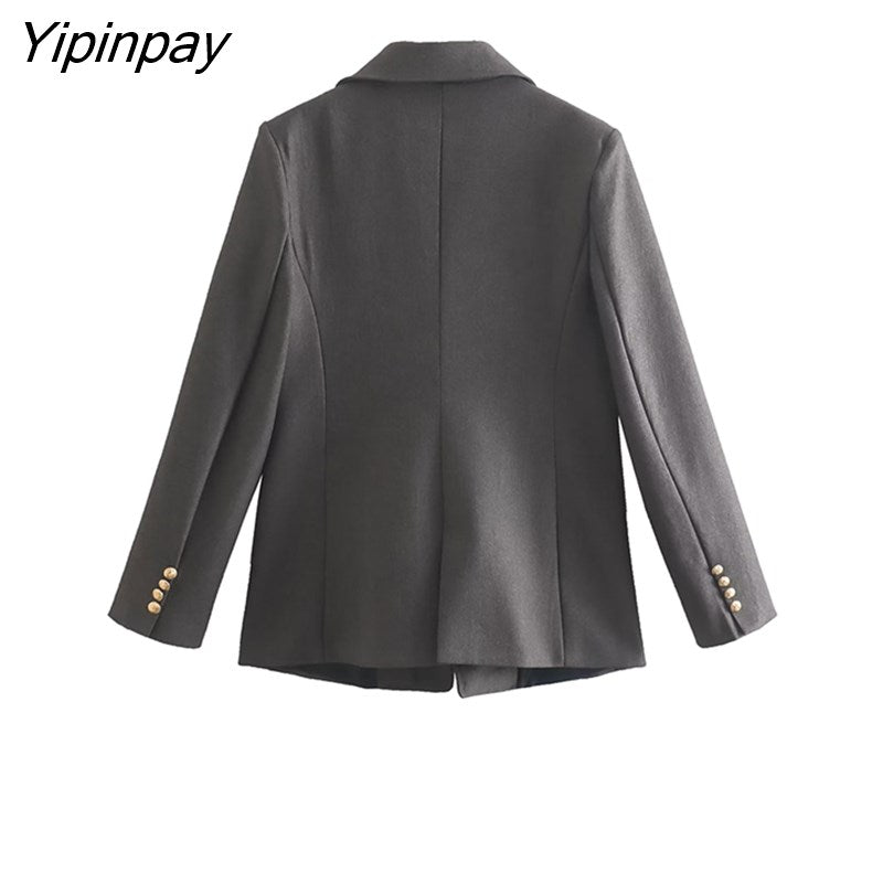 Yipinpay Spring Autumn Women Double Breasted Blazer Coat 2023 Vintage Notched Long Sleeve Jacket Office Lady Pockets Outerwear Tops