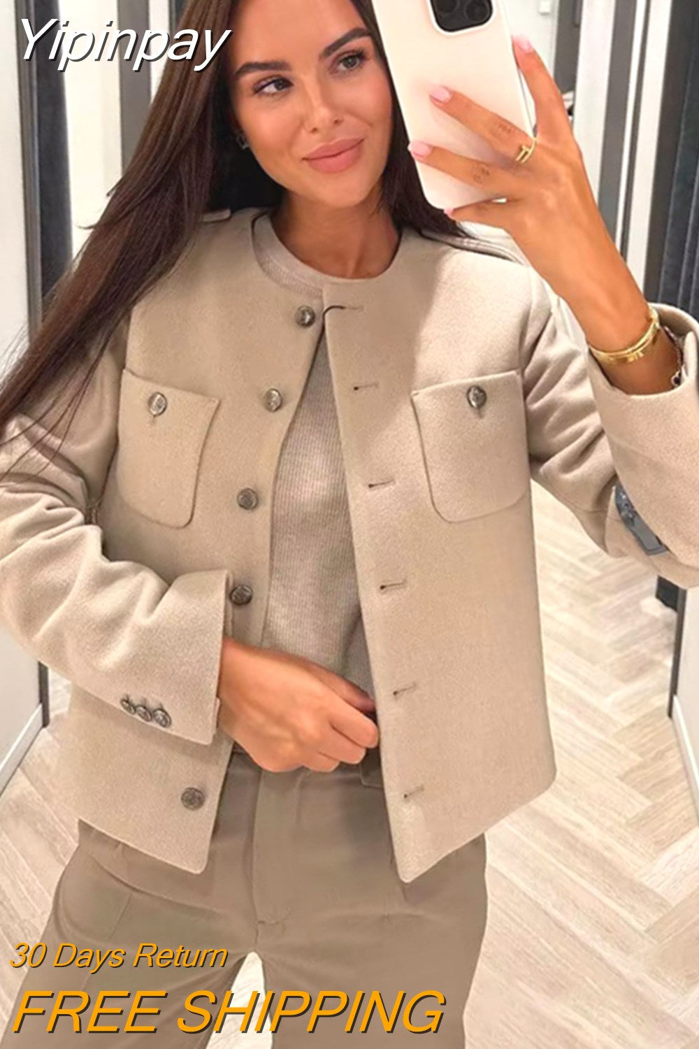 Yipinpay TRAF Fashion Woman Jackets for Women 2023 Autumn Chic Single-breasted Coats Female O-Neck with Pockets Jacket Outerwear