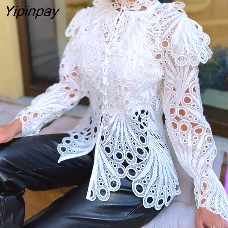 Yipinpay Women Chic Solid Hollow Out Turtleneck Long Sleeves Beading Button Sexy White Blouse Tops