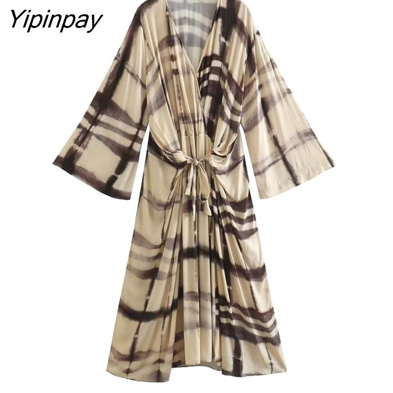Yipinpay Elegant Women Printed Mid-Calf Dresses With Lace 2023 Spring Summer V-neck Dresses A-line Flare Sleeve Vestidos