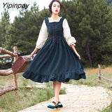 Yipinpay Autumn Winter Women Dress Vintage Lantern Sleeve Ruffles Tutu Dresses Sweet Lace-up High Waist Retro Female Bing