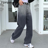 Yipinpay Fashion style Women jeans Vintage Straight Wide leg pants High waist Oversize Loose Long jeans female Black gray gradient