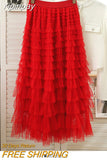 Yipinpay Style Knee Length Skirt For Women 2023 Y2k Elastic Band Fairy Long Skirts Female For Dinner Maxi Tulle Skirt Pink Coffee