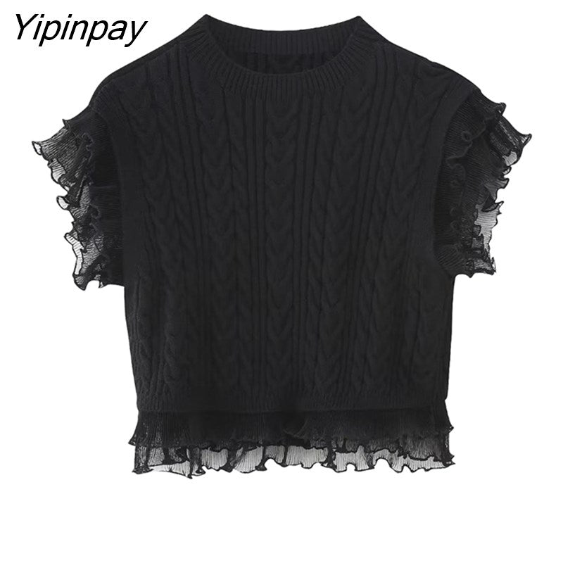 Yipinpay Vintage Women Patchwork Knitted Sweater 2023 Spring Autumn O-neck Sleeveless Solid Pullover Simple Ruffles Vintage Tops