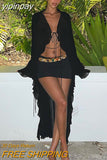 yipinpay Black Y2K Vintage See Though Summer Long Sleeve Beach Ruffles Maxi Dress Mesh Club Party Sexy Bandage Dresses Women 2023 911 920