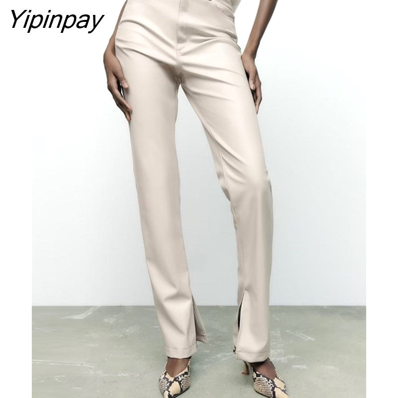 Yipinpay Fashion Women Faux Leather Pants New 2023 Autumn Winter Slim Zipper Female Flare Pants Streetwear PU Trousers