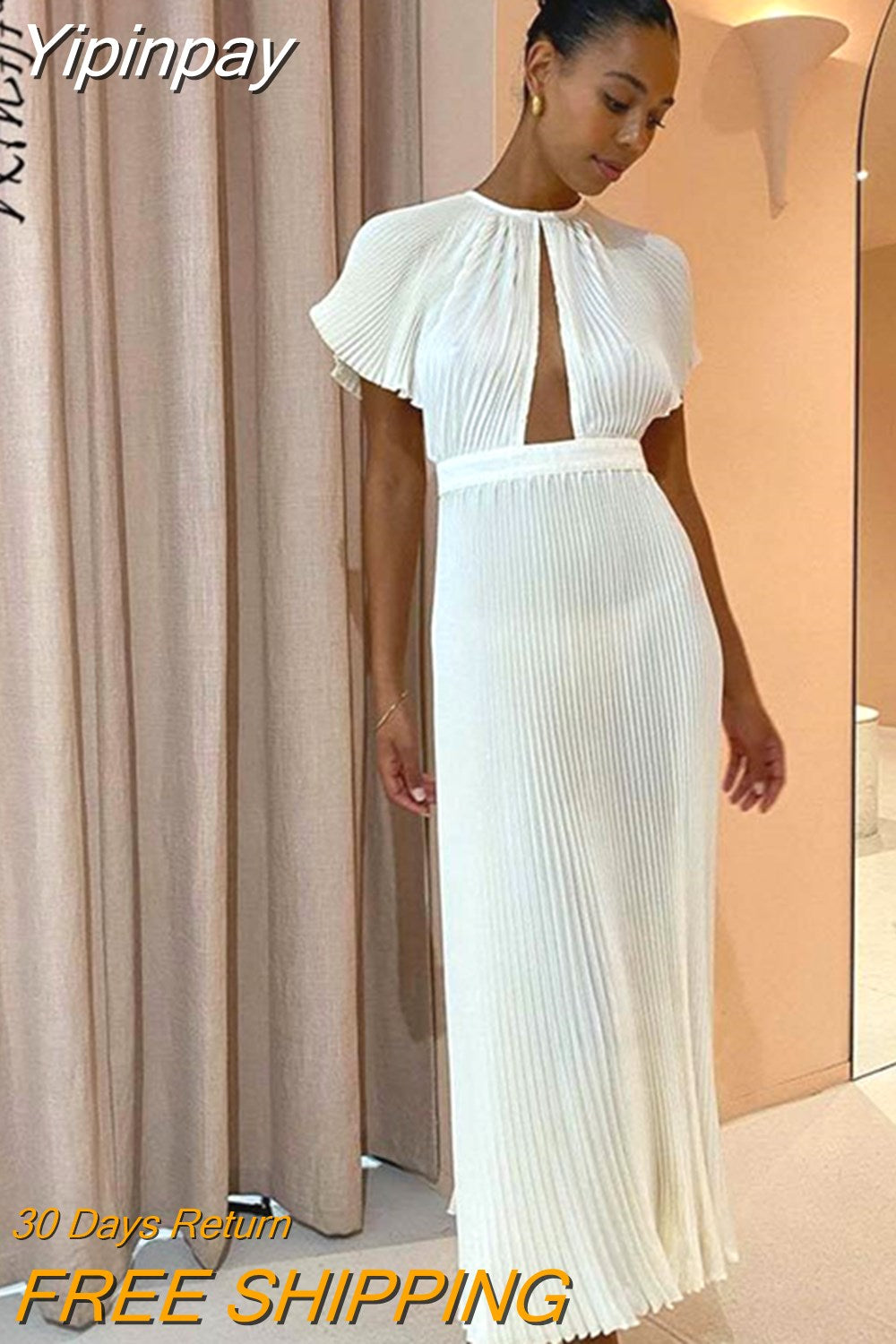 Yipinpay Women White Pleated Maxi Dress Sexy Flared Sleeves Hollow Out Folded Dresses Ladies A Line Dress Party Club Dress