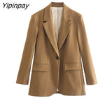 Yipinpay 2023 New Spring Autumn Women OL Blazer Coats Vintage Notched Long Sleeve Single Button Jackets Outerwear Tops