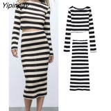 Yipinpay Women Striped Knitted Tops+Mid-Calf Sheath Skirts Sets 2023 Spring Autumn 2 Pcs Elegant Long Sleeve Casual O-neck Sweater
