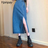 Yipinpay High Waist Vintage Denim Jeans Skirts Casual Wash Split Long Skirt Korean Harajuk Blue Skirt Femme