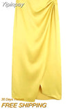 Yipinpay Wrap Satin Skirt Women Yellow Long Skirts Woman Vintage High Waist Slit Skirt Spring 2023 Ruched Elegant Midi Skirts Suits