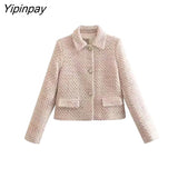 Yipinpay Women Plaid Blazer Coat 2023 Autumn Fashion Office Outfits Long Sleeve Flap Pockets Female Chic Street Outerwear