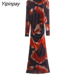 Yipinpay 2023 Women Tulle Mid-Calf Dresses Spring Elegant O-neck Slim Party Sexy Vestidos Fashion Long Sleeve Back Zipper Dresses