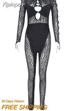 Yipinpay Slash Neck Cut Out Mesh Print Jumpsuit Women Long Sleeve Button See Through Pencil Pants One Piece Rompers 2023 Spring Fall