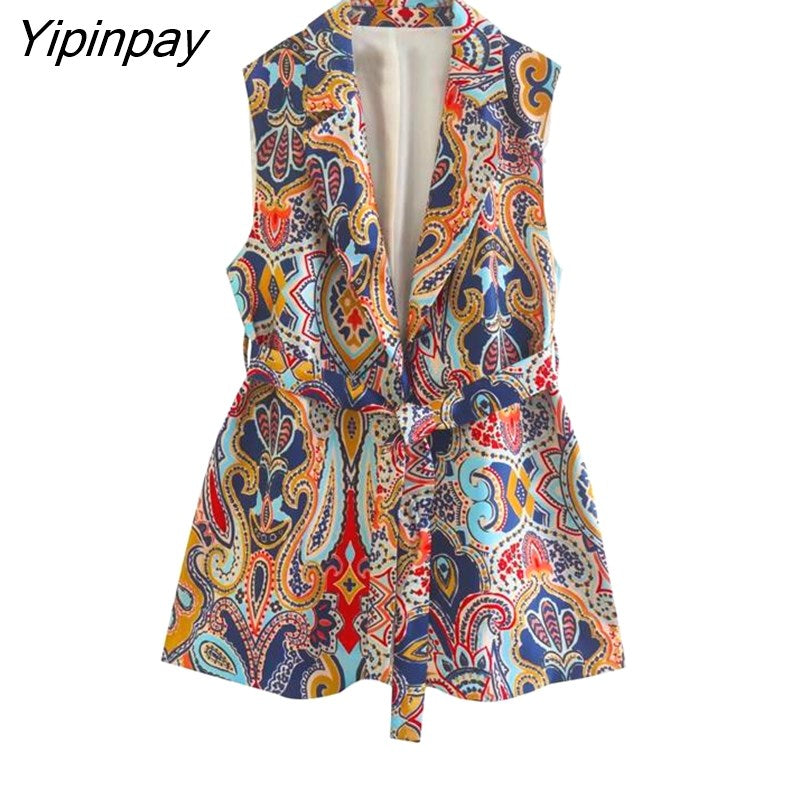 Yipinpay Spring Fashion Print Vest Coat With Belt 2023 New Two Pieces Long Pants Sets Casual Sleeveless Jackets Street Outwear