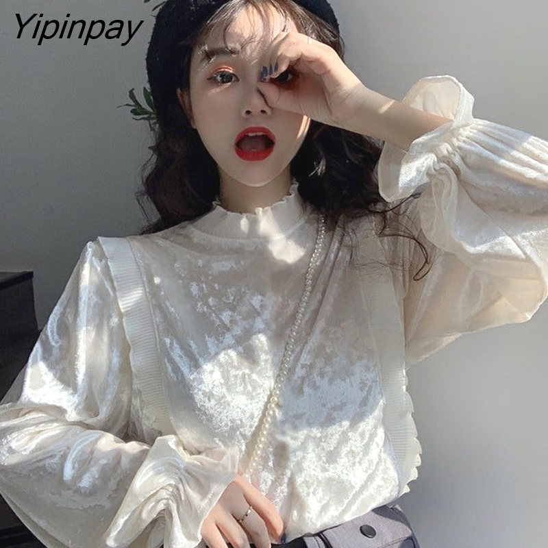 Yipinpay Korean Patchwork Blouses Women Stand Collar Puff Sleeve Long-sleeved Shirt Dropshipping Womens Blouses