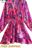 Yipinpay Print Floral Dress Woman Ruffle Mini Summer Dress Women 2023 Long Sleeve Short Dresses Ruched Elegant Women's Dresses