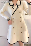 Yipinpay V Neck Long Sleeve Knitted Party Dress women Autumn Korean French Vintage Vestidos Elegantes Pullover Robe Chemise Femme