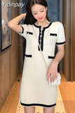Yipinpay Button Knitted Mini Dress Short Sleeve Sweet Vestido De Mujer Summer 2023 French Elegant Party Black Casual Vrouw Jurk