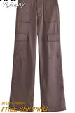 Yipinpay Women's Cargo Trousers Brown Cargo Pants Women High Waist Baggy Pants Woman Fashion Pockets Streetwear Satin Casual Pants