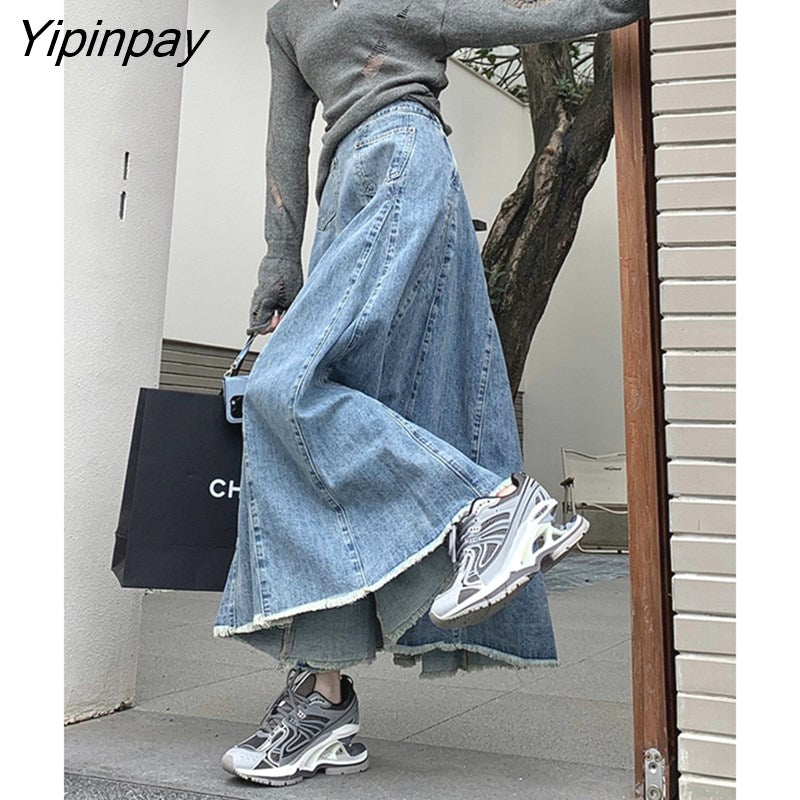 Yipinpay 2023 Spring Summer Women Skirts High Waist Vintage Denim Long Skirts Ladies Casual Pocket Blue A-line Jeans Skirt