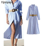 Yipinpay Elegant Women Striped Mid-Calf Dresses With Belt 2023 Spring Summer Turn Down Collar Dresses A-line Long Sleeve Vestidos