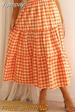 Yipinpay Womens Summer Skirt Boho Elastic Waist Pleated A-Line Flowy Layered Long Beach Skirt With Pockets Casual Street Style S-XL