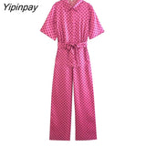 Yipinpay 2023 Women Dot Printed Jumpsuits With Belt Pink Vintage Short Sleeve Turn Down Collar Female Long Pant Playsuits Mujer