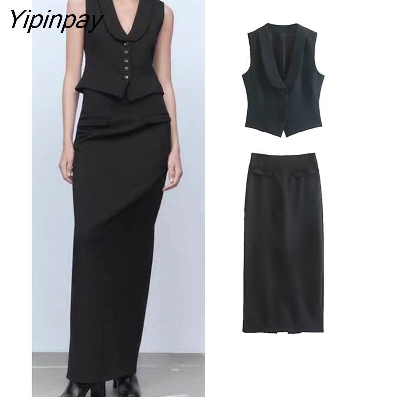 Yipinpay Women Solid Blazer Vest Skirts Sets 2023 Female Elegant Single Breasted Jackets Mid-Calf Pockets Skirt Sleeveless Tops