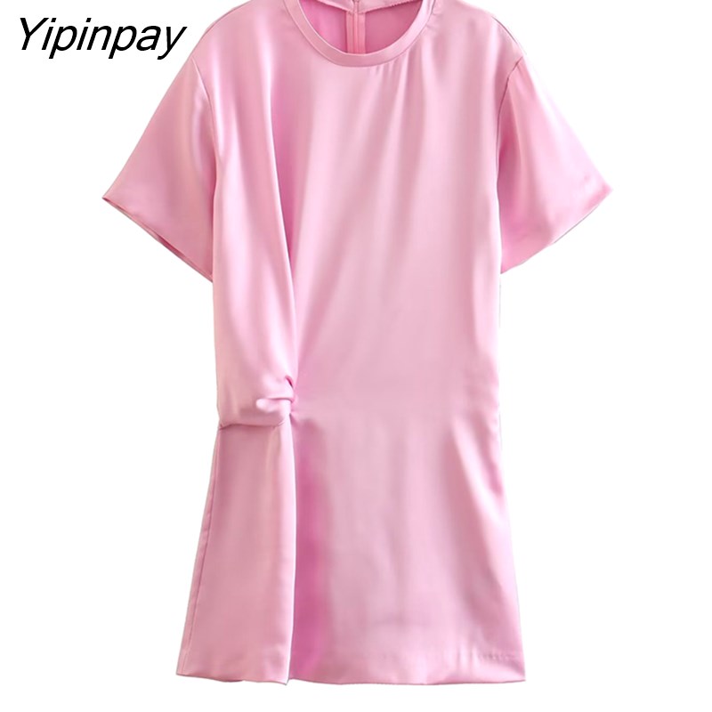 Yipinpay Elegant Women Silk Soft Dresses 2023 New Summer O-neck Sexy Mini Dresses Short Sleev Sheath Folds Vestidos