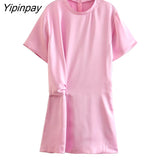 Yipinpay Elegant Women Silk Soft Dresses 2023 New Summer O-neck Sexy Mini Dresses Short Sleev Sheath Folds Vestidos