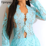 Yipinpay Women Elegant Lace Patchwork Mesh  Hollow Out Asymmetrical Long Sleeves Sexy Blazer Jacket