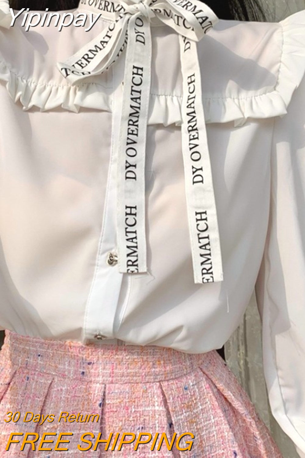 Yipinpay Palace Style White Shirt Women Blusas Mujer 2023 Tops Bow Tie Fungus Shirts Elegant Black Ribbon Letter Half High Neck