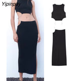 Yipinpay Sexy Summer Women Hollow Out Kintted Sets 2023 Causal O-neck Sleeveless Tops High Waist Straight Skirts Elegant Outwear