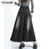 Yipinpay Irregular Long A-line Denim Skirt For Women High Waist Balck Jean Skirts For Ladies