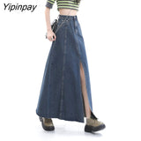 Yipinpay Vintage Blue Long A Line Split Denim Skirt For Women Loose Casual Jean Skirts For Ladies