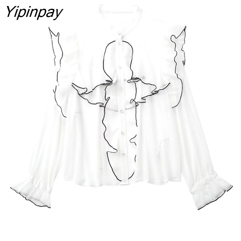 Yipinpay Summer Women Ruffles Blouses Shirt 2023 Thin Solid Single Breasted Office Lady Tops O-neck Flare Long Sleeve T-Shirts
