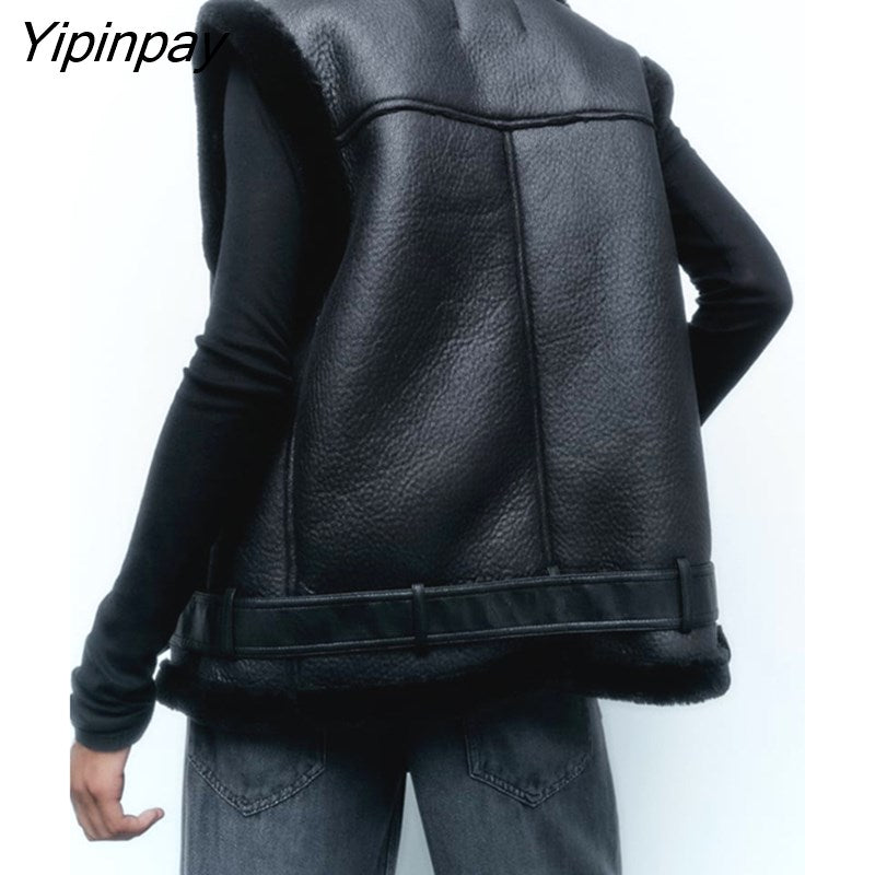 Yipinpay Women Fashion Winter Faux Leather Vest Jacket 2023 Fleece lLning Thicken Warm Coat Vintage PU Female Waistcoat Chic Tops