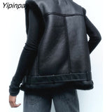 Yipinpay Women Fashion Winter Faux Leather Vest Jacket 2023 Fleece lLning Thicken Warm Coat Vintage PU Female Waistcoat Chic Tops