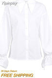 Yipinpay Ladies Office White Blouse Elegant Long Sleeve Lace Up Flare Sleeve Shirts Women Lapel Work Tops 2023 Fashion Korean