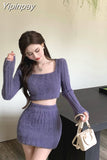 Yipinpay two piece skirt set Plush knit women long sleeve crop top +High waist midi skirts Elegant fall Winter 2023 white purple set