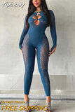 Yipinpay Slash Neck Cut Out Mesh Print Jumpsuit Women Long Sleeve Button See Through Pencil Pants One Piece Rompers 2023 Spring Fall