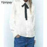 Yipinpay Sweet Ladies Bow Solid Blouses 2023 Spring Autumn Casual Turn Down Collar Long Sleeved Tops Single Breasted T-Shirts