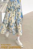 yipinpay Summer Painting Printed Pleated Skirt Women 2023 Chiffon High Waisted A-line Long Skirts Korean Fashion Faldas Female