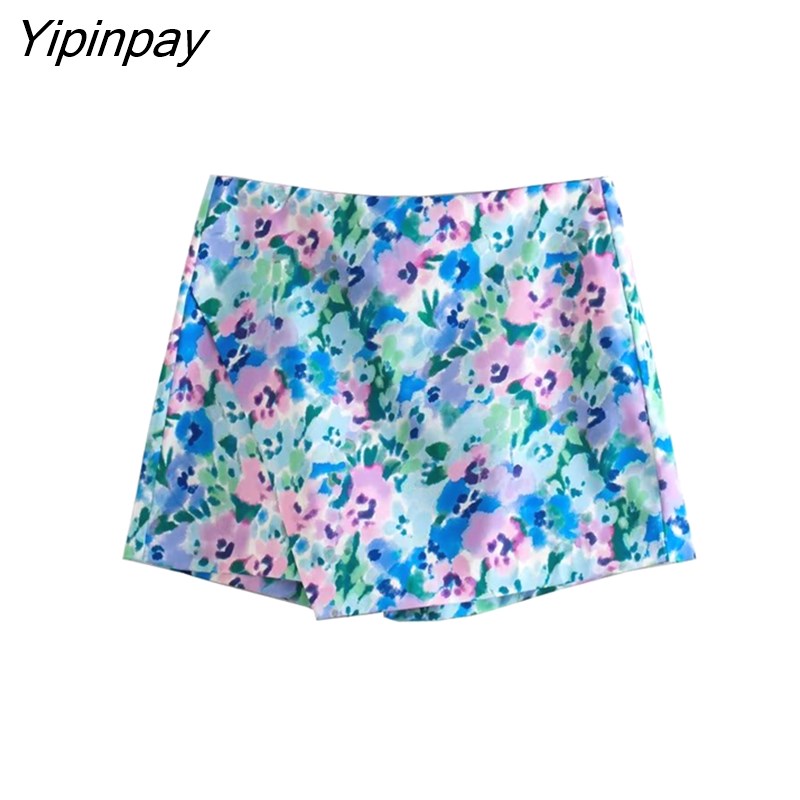 Yipinpay Fashion Women Floral Print Shorts Shirts Sets 2023 Summer Causal Single Breasted Bow Tops A-Line Side Zipper Short Pant