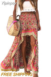 Yipinpay Women‣s Summer Casual Long Skirt Vintage Printing High-waist Irregular A-line Skirt