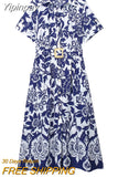 Yipinpay Blue Floral Shirt Dress Woman Vintage Print Long Dress Women Short Sleeve Elegant Chic Women Dresses Casual Summer Dresses