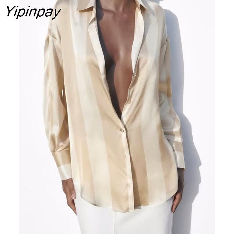 Yipinpay Summer Women Oversized Striped Blouses Shirt 2023 New Causal Turn-Down Collar Tops Vintage Single Breasted Loose T-Shirts