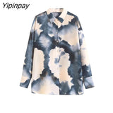 Yipinpay 2023 Fashion Women Tie-Dye Printed Skirts Sets Summer Turn Down Collar Shirts Top Side Mid-Calf Casual Skirts