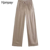 Yipinpay 2pcs Women Geometric Print Pant Shirt Sets 2023 Summer Long Sleeve Turn Down Collar Blouse+Wide Leg Trouser Causal Outwear